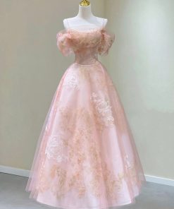 Pink Tulle Lace Short A-Line Prom Dress, Cute Off the Shoulder Party Dress