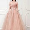 Pink Tulle Long A-Line Prom Dress, Cute Off the Shoulder Graduation Dress