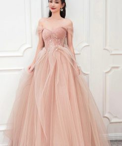 Pink Tulle Long A-Line Prom Dress, Cute Off the Shoulder Graduation Dress