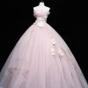 Pink Tulle Long A-Line Ball Gown, Pink Strapless Princess Sweet 16 Dress