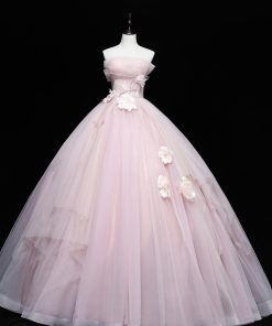 Pink Tulle Long A-Line Ball Gown, Pink Strapless Princess Sweet 16 Dress