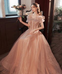 Pink Tulle Long A-Line Prom Dress with Sequins, Off the Shoulder Evening Party Dress
