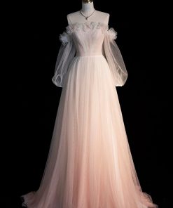 Pink Gradient Tulle Long A-Line Prom Dress, Long Sleeve Evening Party Dress