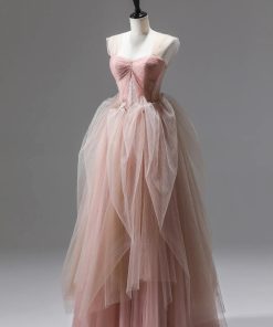 Pink Tulle Lace Long Formal Dress, A-Line Off Shoulder Pink Prom Party Dress